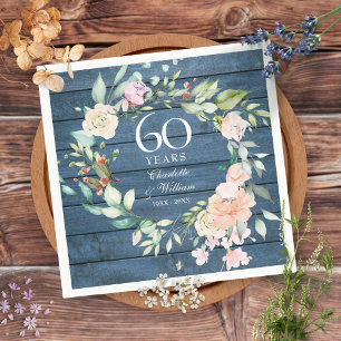 60e 75e trouwdagjubileum Blauwe Rustieke Bloemen Servet