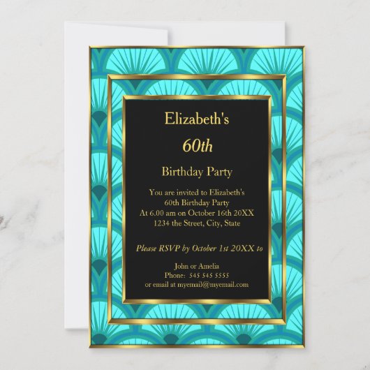 60e Art Deco Birthday Party Blauwgroen Blue Black Kaart (Voorkant)