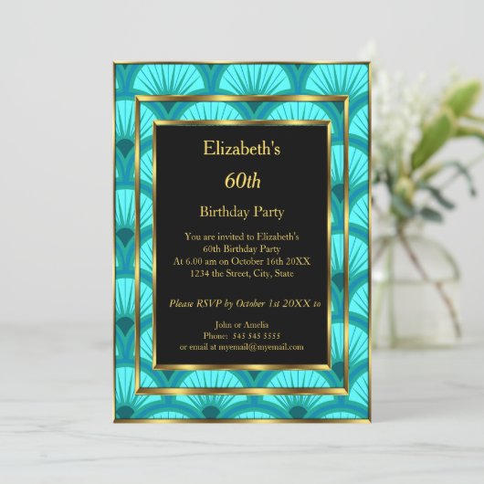60e Art Deco Birthday Party Blauwgroen Blue Black Kaart (Staand voorkant)