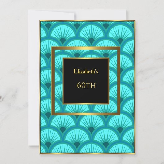 60e Art Deco Birthday Party Blauwgroen Blue Black Kaart (Achterkant)