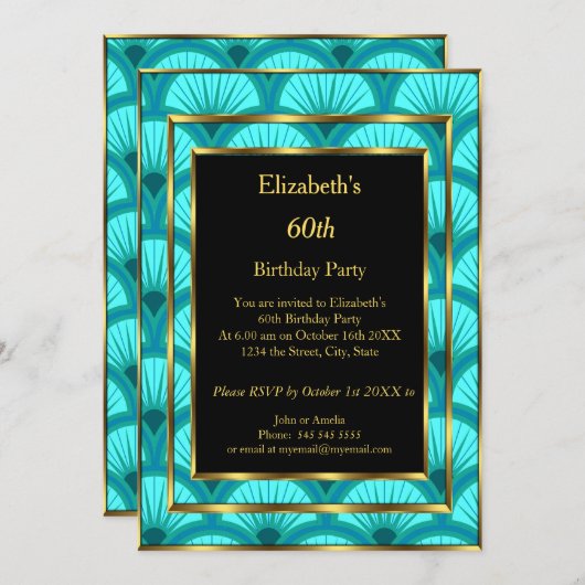 60e Art Deco Birthday Party Blauwgroen Blue Black Kaart (Voorkant / Achterkant)