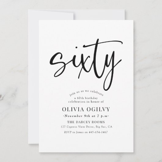 60e B & W Verjaardagsfeest Moderne Script Typograf Kaart (Voorkant)