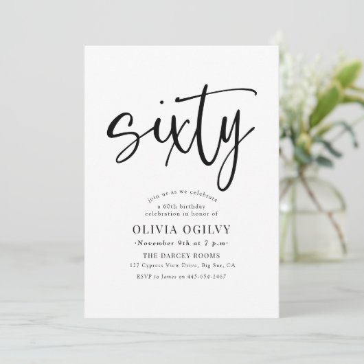 60e B & W Verjaardagsfeest Moderne Script Typograf Kaart (Staand voorkant)