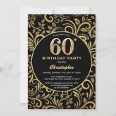 60e Birthday Black en Gold Floral Pattern Kaart (Voorkant)