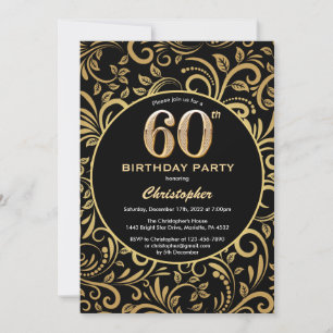 60e Birthday Black en Gold Floral Pattern Kaart