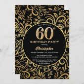 60e Birthday Black en Gold Floral Pattern Kaart (Voorkant / Achterkant)