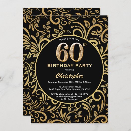 60e Birthday Black en Gold Floral Pattern Kaart (Voorkant / Achterkant)