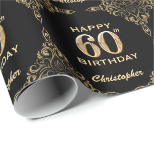 60e Birthday Black en Gold Glitter Lijst Cadeaupapier