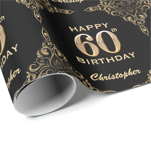 60e Birthday Black en Gold Glitter Lijst Cadeaupapier (Rol Hoek)