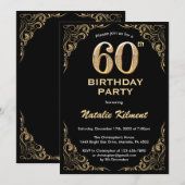 60e Birthday Black en Gold Glitter Lijst Kaart (Voorkant / Achterkant)