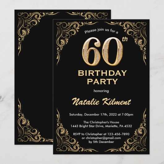 60e Birthday Black en Gold Glitter Lijst Kaart (Voorkant / Achterkant)