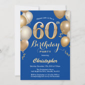 60e Birthday Blue en Gold Balloons Confetti Kaart (Voorkant)