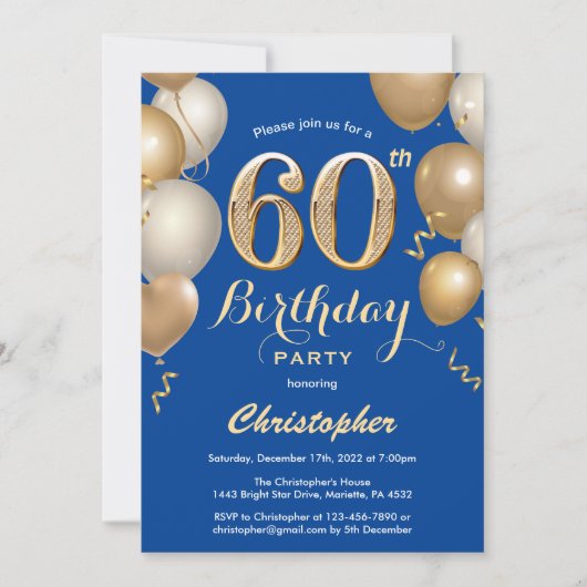 60e Birthday Blue en Gold Balloons Confetti Kaart (Voorkant)