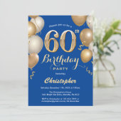 60e Birthday Blue en Gold Balloons Confetti Kaart (Staand voorkant)