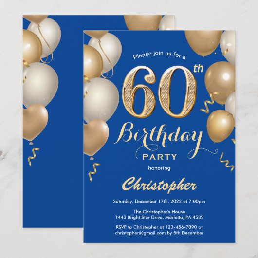 60e Birthday Blue en Gold Balloons Confetti Kaart (Voorkant / Achterkant)
