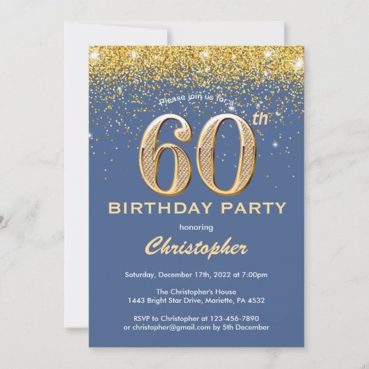 60e Birthday Blue en Gold Glitter Confetti Kaart (Voorkant)