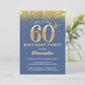 60e Birthday Blue en Gold Glitter Confetti Kaart (Staand voorkant)