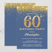 60e Birthday Blue en Gold Glitter Confetti Kaart (Voorkant / Achterkant)