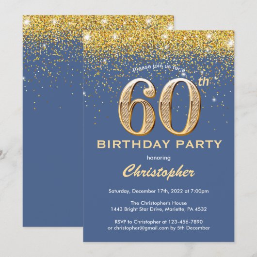 60e Birthday Blue en Gold Glitter Confetti Kaart (Voorkant / Achterkant)