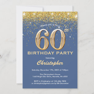 60e Birthday Blue en Gold Glitter Confetti Kaart