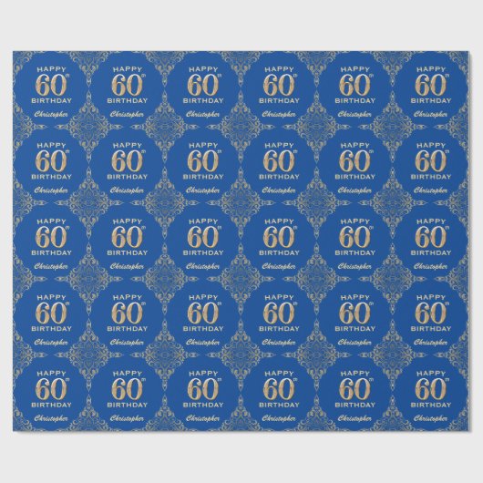 60e Birthday Blue en Gold Glitter Lijst Cadeaupapier (Vlak)
