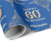 60e Birthday Blue en Gold Glitter Lijst Cadeaupapier (Rol Hoek)