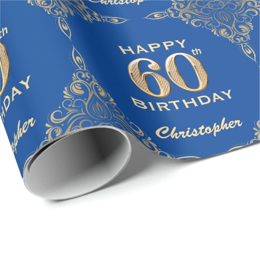 60e Birthday Blue en Gold Glitter Lijst Cadeaupapier (Rol Hoek)
