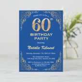 60e Birthday Blue en Gold Glitter Lijst Kaart (Staand voorkant)