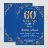 60e Birthday Blue en Gold Glitter Lijst Kaart (Voorkant / Achterkant)
