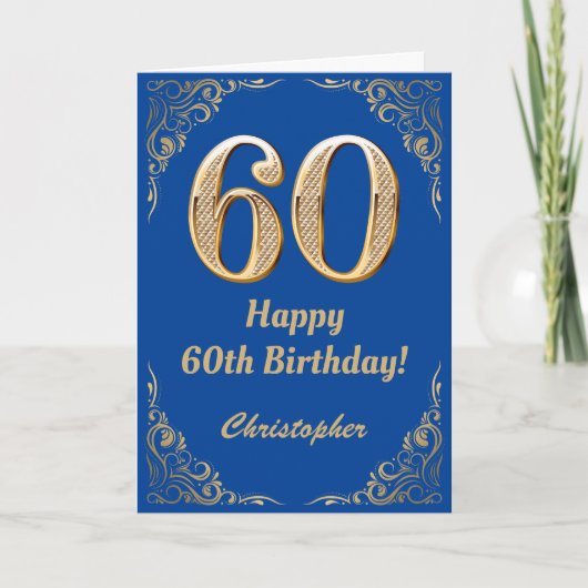 60e Birthday Blue en Gold Glitter Lijst Kaart (Voorkant)