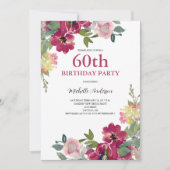 60e Birthday Burgundy Floral Waterverf Kaart (Voorkant)