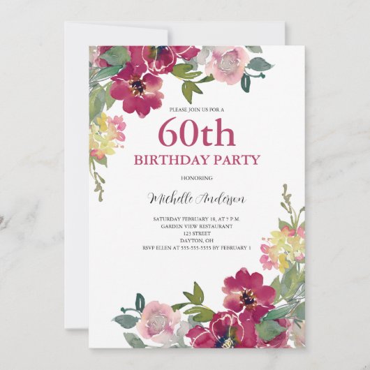 60e Birthday Burgundy Floral Waterverf Kaart (Voorkant)