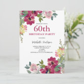 60e Birthday Burgundy Floral Waterverf Kaart (Staand voorkant)