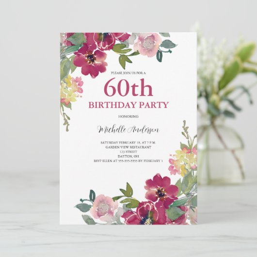 60e Birthday Burgundy Floral Waterverf Kaart (Staand voorkant)