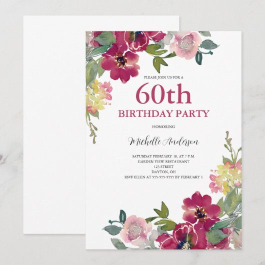 60e Birthday Burgundy Floral Waterverf Kaart (Voorkant / Achterkant)