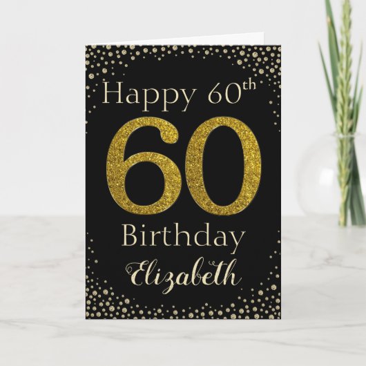 60e Birthday Golden Glitter Kaart (Voorkant)