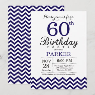 60e Birthday Invitation Navy Blue Chevron Kaart