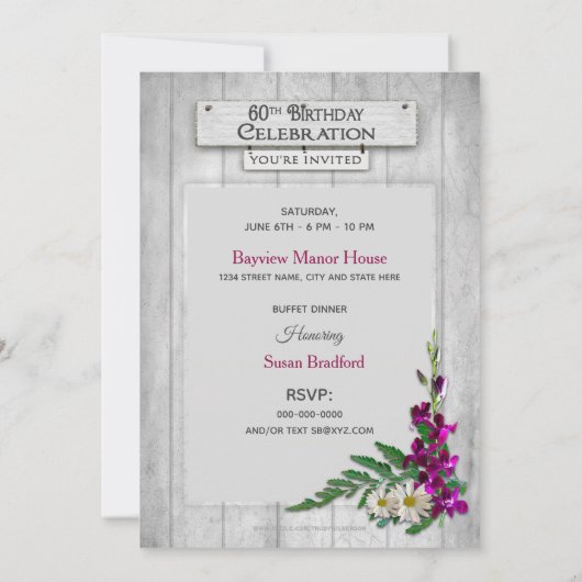 60e Birthday Party INVITATION, Rustic Window Kaart (Achterkant)