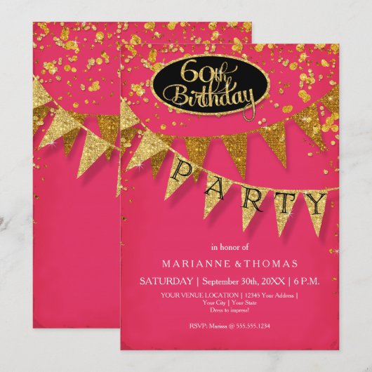 60e Birthday Party Pennant Banner Confetti Kaart (Voorkant / Achterkant)