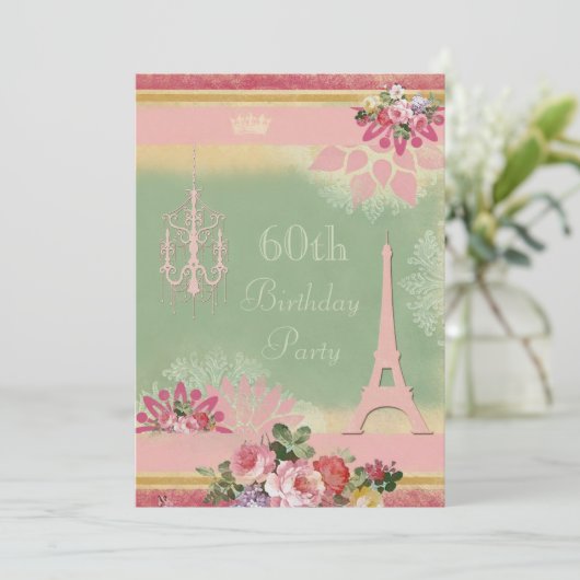 60e Birthday Pink Eiffel Tower en Chandelier Kaart (Staand voorkant)