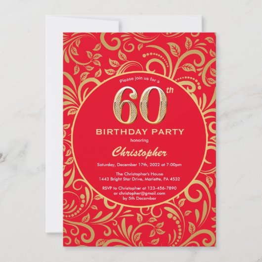 60e Birthday Red en Gold Floral Pattern Kaart (Voorkant)