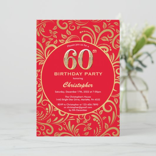 60e Birthday Red en Gold Floral Pattern Kaart (Staand voorkant)