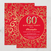 60e Birthday Red en Gold Floral Pattern Kaart (Voorkant / Achterkant)