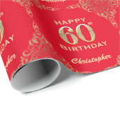 60e Birthday Red en Gold Glitter Lijst Cadeaupapier (Rol Hoek)