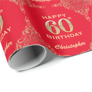60e Birthday Red en Gold Glitter Lijst Cadeaupapier