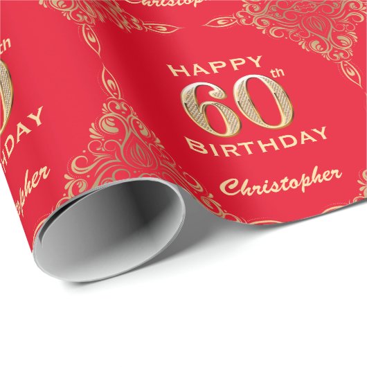 60e Birthday Red en Gold Glitter Lijst Cadeaupapier (Rol Hoek)