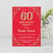 60e Birthday Red en Gold Glitter Lijst Kaart (Staand voorkant)