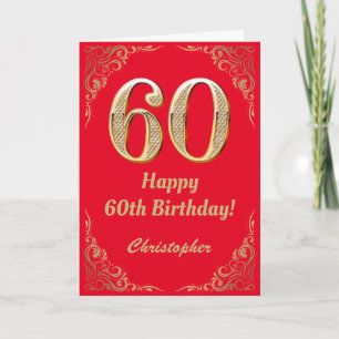 60e Birthday Red en Gold Glitter Lijst Kaart