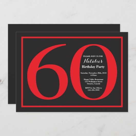 60e Birthday Red en zwart karton Kaart (Voorkant / Achterkant)