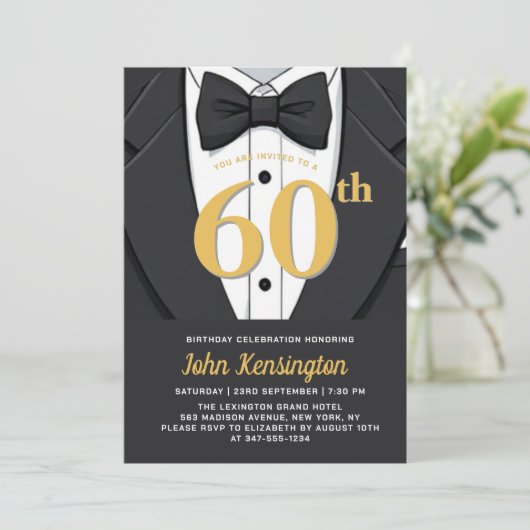 60e Black and Gold Tuxedo verjaardagsevenement Kaart (Staand voorkant)